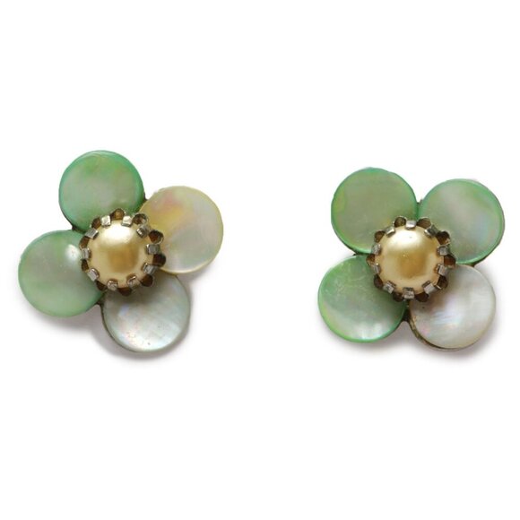 Vintage Flower Abalone Shell Earrings Screw Back iridescent Retro Faux Pearl - Picture 1 of 7